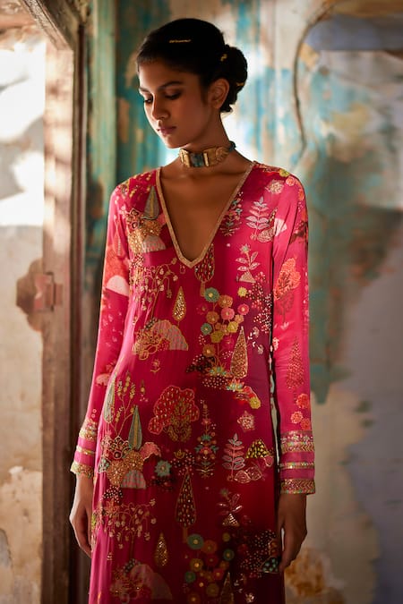 Rajiramniq_Magenta Crepe, Modal Embroidery V-neck Nadira Printed Kurta And Palazzo Set _Online_at_Aza_Fashions