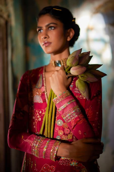 Shop_Rajiramniq_Magenta Crepe, Modal Embroidery V-neck Nadira Printed Kurta And Palazzo Set _Online_at_Aza_Fashions