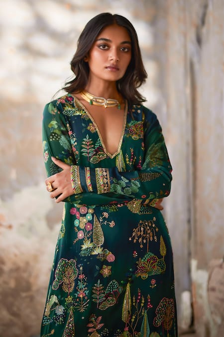 Rajiramniq_Green Crepe, Modal, Satin Embroidery Nadira Resham Work Kurta And Palazzo Set _Online_at_Aza_Fashions