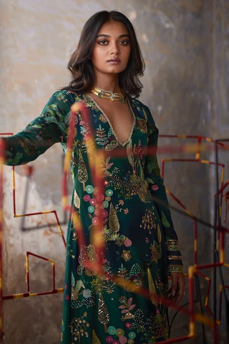 Buy_Rajiramniq_Green Crepe, Modal, Satin Embroidery Nadira Resham Work Kurta And Palazzo Set _Online_at_Aza_Fashions