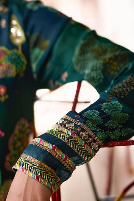 Shop_Rajiramniq_Green Crepe, Modal, Satin Embroidery Nadira Resham Work Kurta And Palazzo Set _Online_at_Aza_Fashions