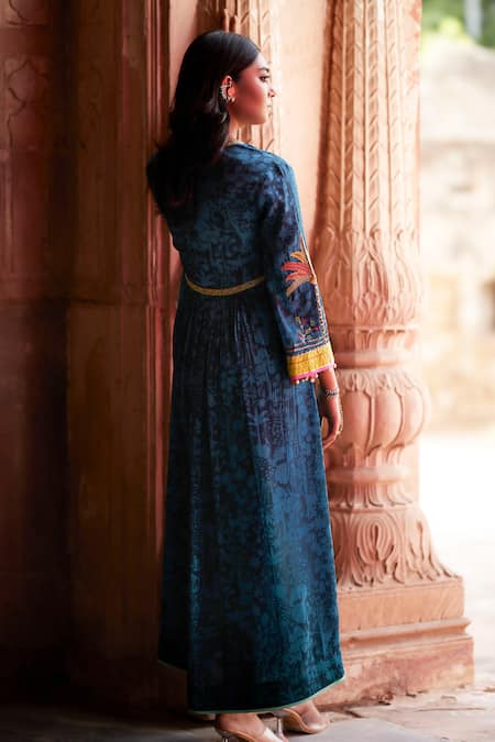 Shop Rajiramniq Blue Crepe Printed Botanical Plunge V Neck Nadira Anarkali Set at Aza Fashions Shop_Rajiramniq_Blue Crepe Printed Botanical Plunge V Neck Nadira Anarkali Set _at_Aza_Fashions