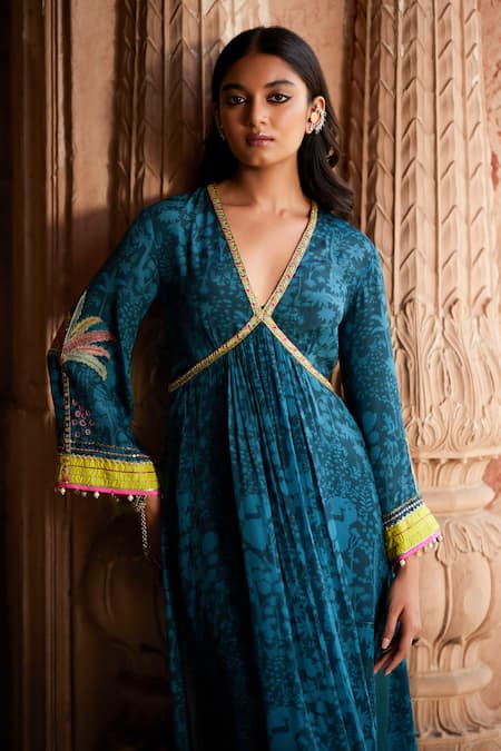 Rajiramniq Blue Crepe Printed Botanical Plunge V Neck Nadira Anarkali Set Online at Aza Fashions Rajiramniq_Blue Crepe Printed Botanical Plunge V Neck Nadira Anarkali Set _Online_at_Aza_Fashions