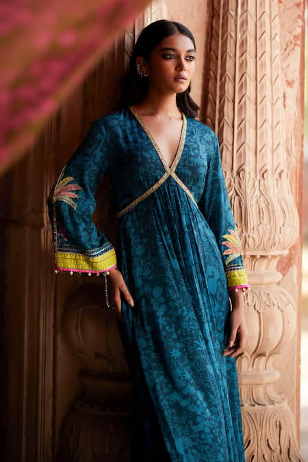 Shop Rajiramniq Blue Crepe Printed Botanical Plunge V Neck Nadira Anarkali Set Online at Aza Fashions Shop_Rajiramniq_Blue Crepe Printed Botanical Plunge V Neck Nadira Anarkali Set _Online_at_Aza_Fashions