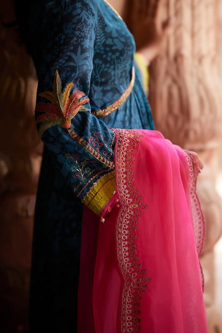 Rajiramniq Blue Crepe Printed Botanical Plunge V Neck Nadira Anarkali Set at Aza Fashions Rajiramniq_Blue Crepe Printed Botanical Plunge V Neck Nadira Anarkali Set _at_Aza_Fashions