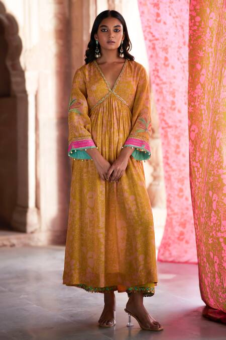 Rajiramniq Yellow Organza, Crepe, Modal Sequins, Beads, Forest Print Pleated Anarkali Set Online at Aza Fashions Rajiramniq_Yellow Organza, Crepe, Modal Sequins, Beads, Forest Print Pleated Anarkali Set _Online_at_Aza_Fashions