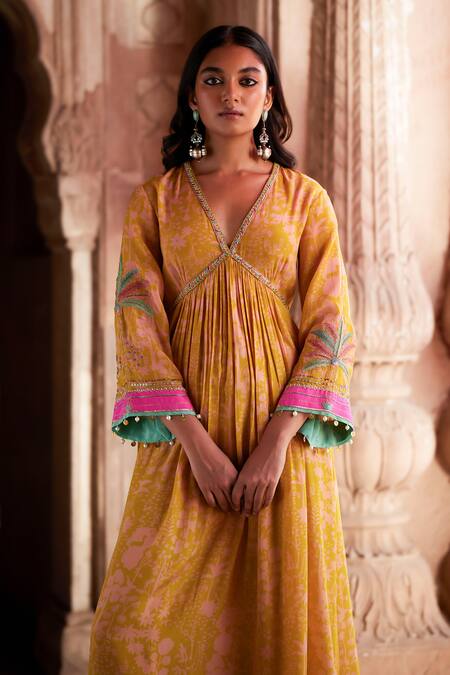 Buy Rajiramniq Yellow Organza, Crepe, Modal Sequins, Beads, Forest Print Pleated Anarkali Set Online at Aza Fashions Buy_Rajiramniq_Yellow Organza, Crepe, Modal Sequins, Beads, Forest Print Pleated Anarkali Set _Online_at_Aza_Fashions