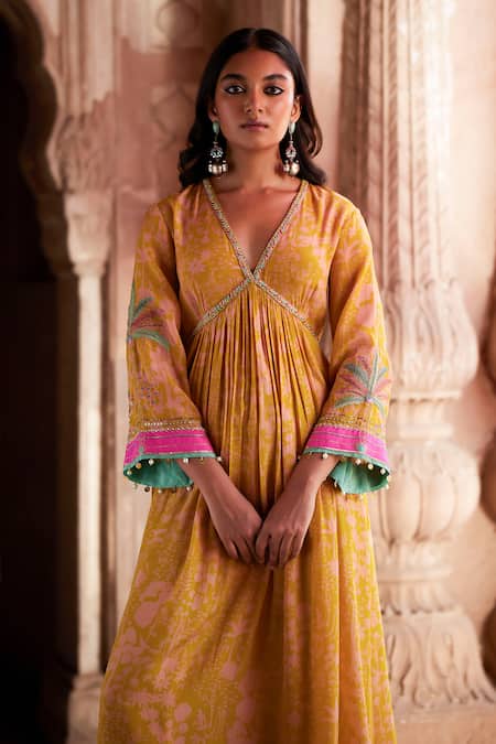 Rajiramniq_Yellow Crepe, Modal Sequins, Forest Print Pleated Anarkali And Palazzo Set _Online_at_Aza_Fashions