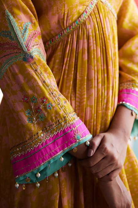 Buy_Rajiramniq_Yellow Crepe, Modal Sequins, Forest Print Pleated Anarkali And Palazzo Set _Online_at_Aza_Fashions