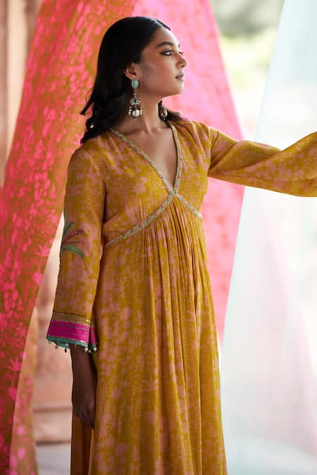 Shop_Rajiramniq_Yellow Crepe, Modal Sequins, Forest Print Pleated Anarkali And Palazzo Set _Online_at_Aza_Fashions