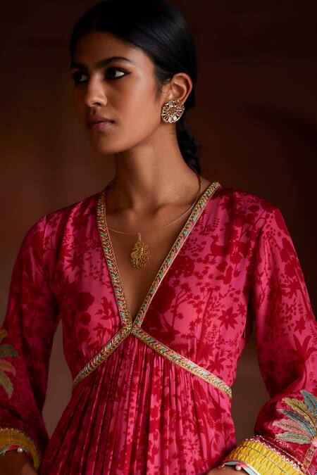 Rajiramniq_Pink Crepe, Modal, Satin Sequins, Forest Print Pleated Anarkali With Palazzo _Online_at_Aza_Fashions