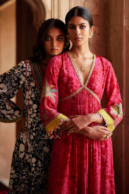 Buy_Rajiramniq_Pink Crepe, Modal, Satin Sequins, Forest Print Pleated Anarkali With Palazzo _Online_at_Aza_Fashions