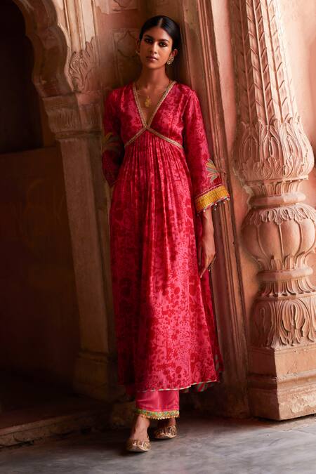Shop_Rajiramniq_Pink Crepe, Modal, Satin Sequins, Forest Print Pleated Anarkali With Palazzo _Online_at_Aza_Fashions