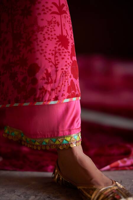 Rajiramniq_Pink Crepe, Modal, Satin Sequins, Forest Print Pleated Anarkali With Palazzo _at_Aza_Fashions