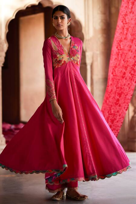 Rajiramniq_Magenta Crepe Beads, Zari, Embroidery, Sequins Yoke Anarkali And Palazzo Set _Online_at_Aza_Fashions