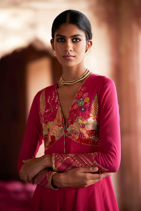 Buy_Rajiramniq_Magenta Crepe Beads, Zari, Embroidery, Sequins Yoke Anarkali And Palazzo Set _Online_at_Aza_Fashions