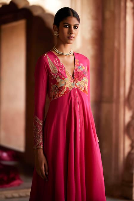 Rajiramniq_Magenta Crepe Beads, Zari, Embroidery, Sequins Yoke Anarkali And Palazzo Set _at_Aza_Fashions
