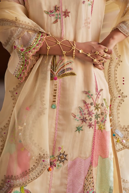 Rajiramniq_Ivory Organza, Modal, Satin Diamonds, Embroidery, Pitta And Dabka Kurta Set _Online_at_Aza_Fashions