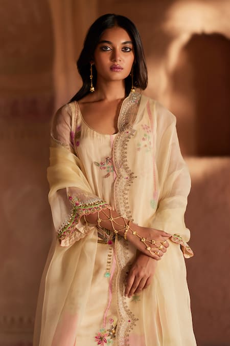 Buy_Rajiramniq_Ivory Organza, Modal, Satin Diamonds, Embroidery, Pitta And Dabka Kurta Set _Online_at_Aza_Fashions