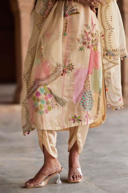 Shop_Rajiramniq_Ivory Organza, Modal, Satin Diamonds, Embroidery, Pitta And Dabka Kurta Set _Online_at_Aza_Fashions