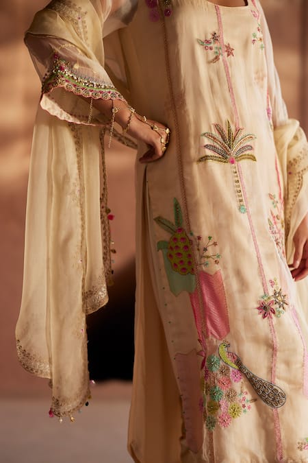 Rajiramniq_Ivory Organza, Modal, Satin Diamonds, Embroidery, Pitta And Dabka Kurta Set _at_Aza_Fashions