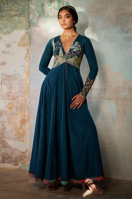Rajiramniq_Blue Crepe Beads, Zari, Sequins V-neck Printed Yoke Anarkali And Palazzo Set _Online_at_Aza_Fashions
