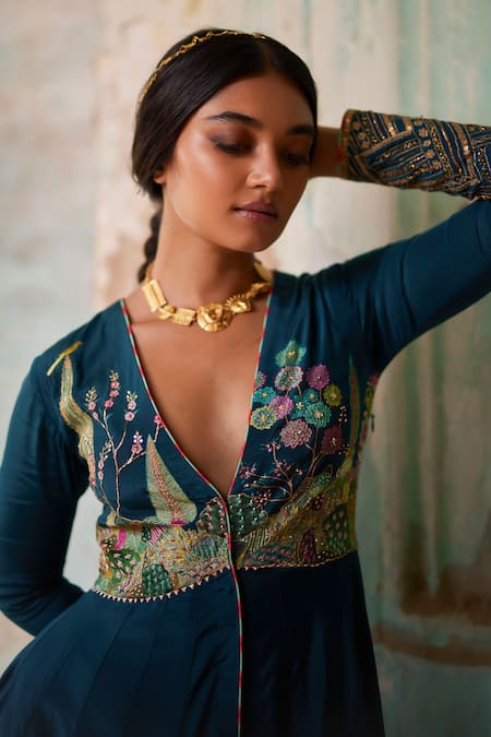 Buy_Rajiramniq_Blue Crepe Beads, Zari, Sequins V-neck Printed Yoke Anarkali And Palazzo Set _Online_at_Aza_Fashions