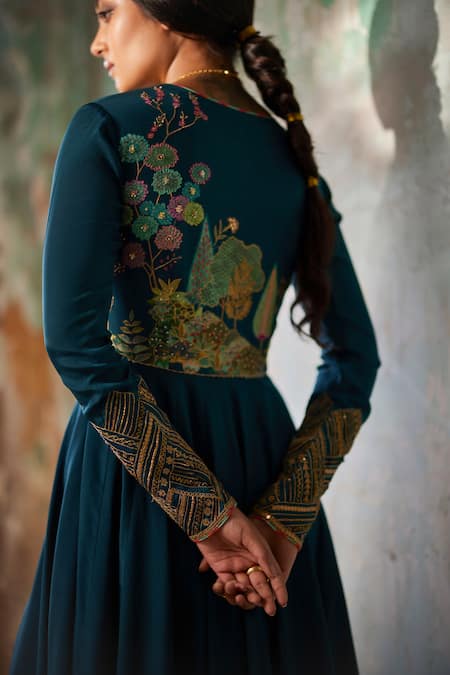 Shop_Rajiramniq_Blue Crepe Beads, Zari, Sequins V-neck Printed Yoke Anarkali And Palazzo Set _Online_at_Aza_Fashions