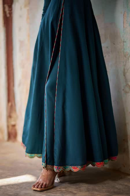 Rajiramniq_Blue Crepe Beads, Zari, Sequins V-neck Printed Yoke Anarkali And Palazzo Set _at_Aza_Fashions