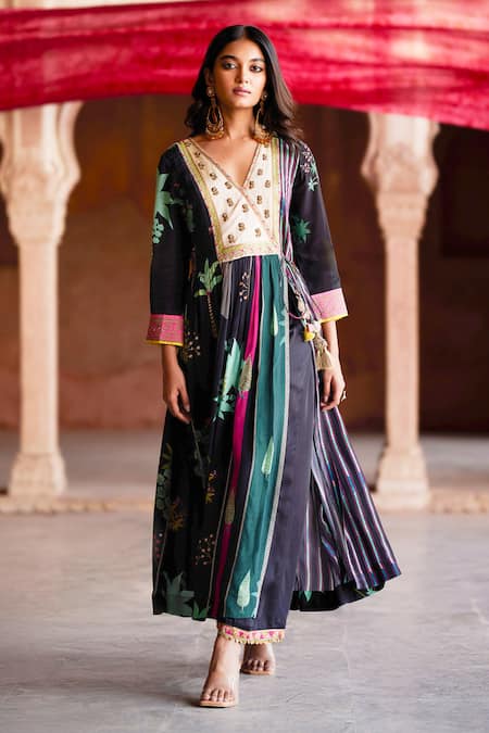Rajiramniq_Black Organza, Crepe, Modal, Satin Embroidery, Oasis Print Anarkali Angarkha Set _Online_at_Aza_Fashions