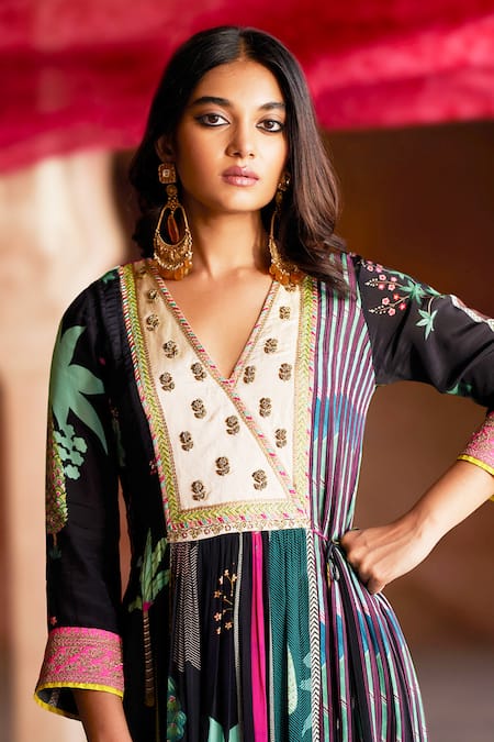 Shop_Rajiramniq_Black Organza, Crepe, Modal, Satin Embroidery, Oasis Print Anarkali Angarkha Set _Online_at_Aza_Fashions