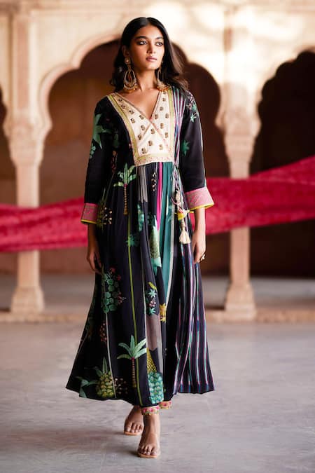 Rajiramniq_Black Organza, Crepe, Modal, Satin Embroidery, Oasis Print Anarkali Angarkha Set _at_Aza_Fashions
