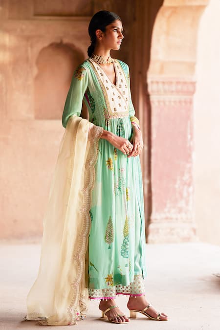 Rajiramniq Green Crepe Printed And Hand Embroidered Oasis V Neck Angarkha Palazzo Set 