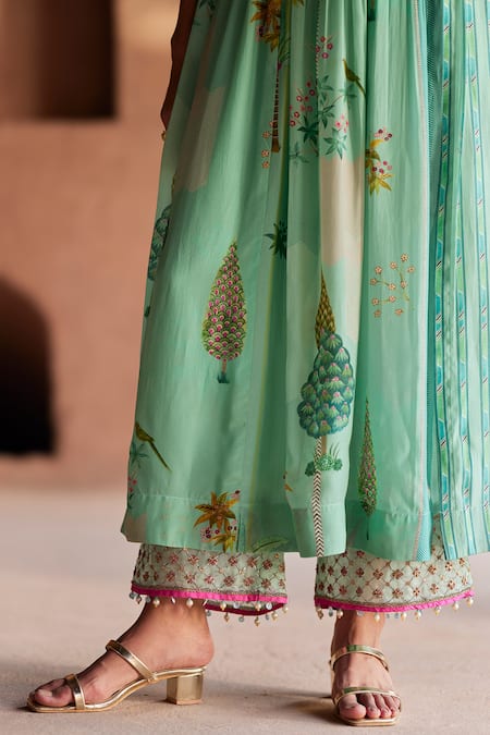 Buy_Rajiramniq_Green Organza, Crepe, Modal Sequins, Embroidery Oasis Print Angarkha Palazzo Set _Online_at_Aza_Fashions