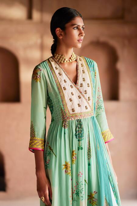 Shop_Rajiramniq_Green Organza, Crepe, Modal Sequins, Embroidery Oasis Print Angarkha Palazzo Set _Online_at_Aza_Fashions