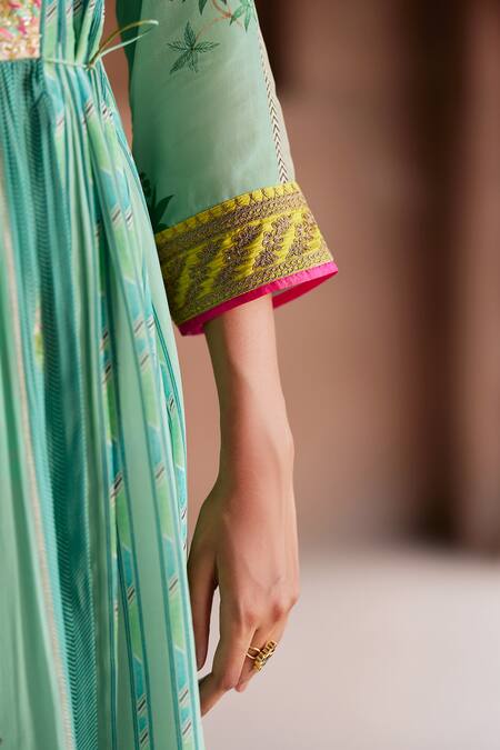 Rajiramniq_Green Organza, Crepe, Modal Sequins, Embroidery Oasis Print Angarkha Palazzo Set _at_Aza_Fashions