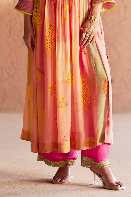 Rajiramniq_Pink Crepe Printed And Hand Embroidered Oasis V Neck Angarkha & Palazzo Set _Online_at_Aza_Fashions