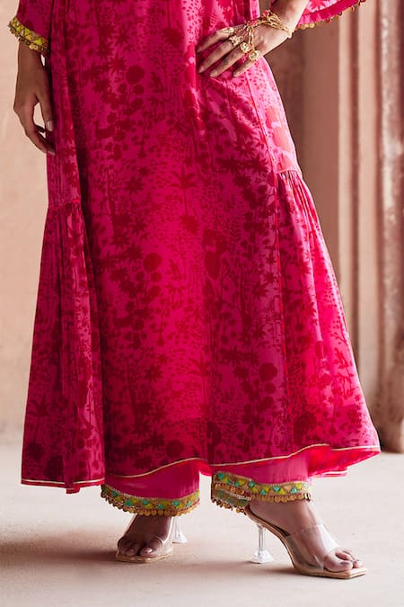 Rajiramniq_Pink Crepe, Modal Sequins, Forest Print Panelled Anarkali And Palazzo Set _Online_at_Aza_Fashions