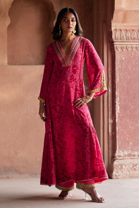Buy_Rajiramniq_Pink Crepe, Modal Sequins, Forest Print Panelled Anarkali And Palazzo Set _Online_at_Aza_Fashions