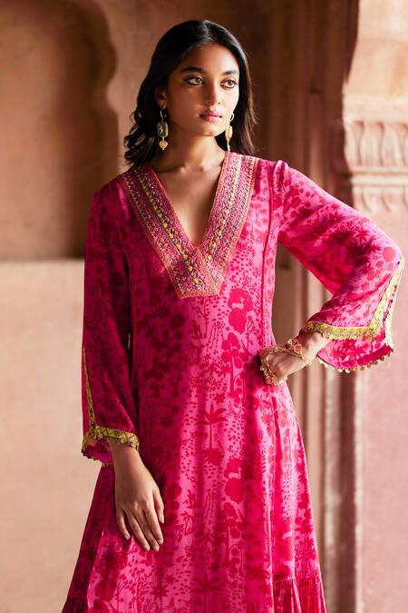 Shop_Rajiramniq_Pink Crepe, Modal Sequins, Forest Print Panelled Anarkali And Palazzo Set _Online_at_Aza_Fashions