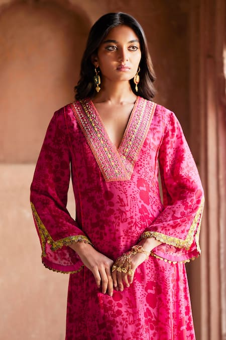 Rajiramniq_Pink Crepe, Modal Sequins, Forest Print Panelled Anarkali And Palazzo Set _at_Aza_Fashions