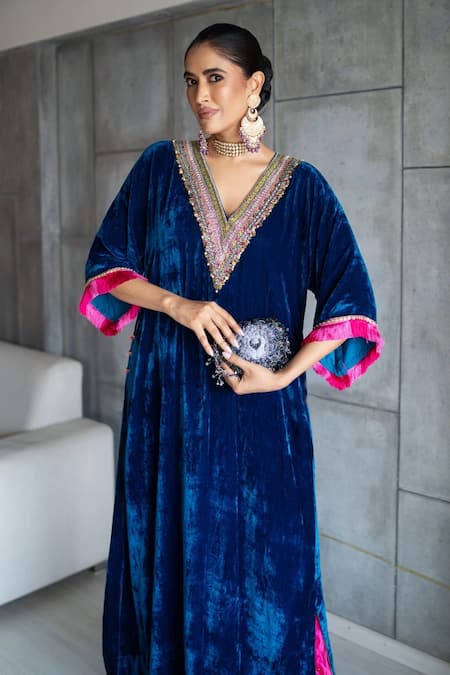 Rajiramniq_Blue Velvet Hand Embroidered Sequin V Neck Yoke Kaftan And Palazzo Set _Online_at_Aza_Fashions