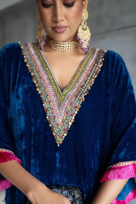 Buy_Rajiramniq_Blue Velvet Hand Embroidered Sequin V Neck Yoke Kaftan And Palazzo Set _Online_at_Aza_Fashions