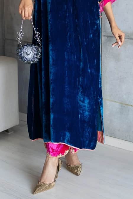 Shop_Rajiramniq_Blue Velvet Hand Embroidered Sequin V Neck Yoke Kaftan And Palazzo Set _Online_at_Aza_Fashions