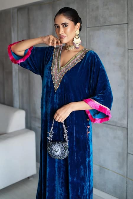 Rajiramniq_Blue Velvet Hand Embroidered Sequin V Neck Yoke Kaftan And Palazzo Set _at_Aza_Fashions