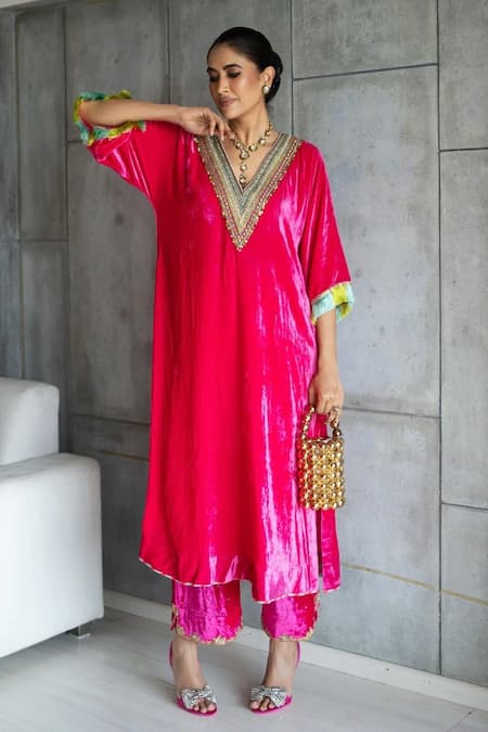 Rajiramniq Resham Embroidered Yoke Kaftan With Palazzo 