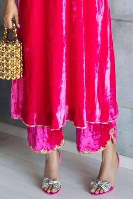 Rajiramniq_Pink Velvet Hand Embroidered Sequin V Neck Resham Yoke Kaftan With Palazzo _Online_at_Aza_Fashions