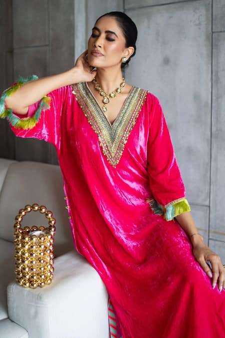Buy_Rajiramniq_Pink Velvet Hand Embroidered Sequin V Neck Resham Yoke Kaftan With Palazzo _Online_at_Aza_Fashions