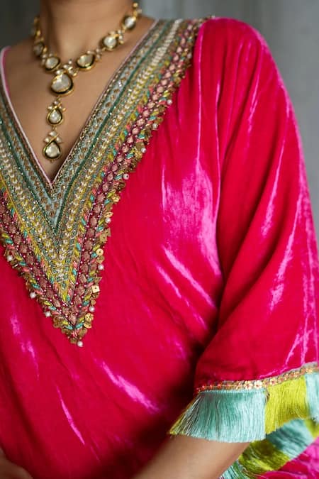 Shop_Rajiramniq_Pink Velvet Hand Embroidered Sequin V Neck Resham Yoke Kaftan With Palazzo _Online_at_Aza_Fashions