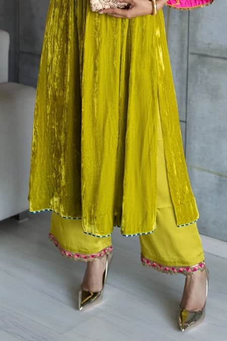 Rajiramniq_Yellow Velvet, Modal Sequins, Beads, Embroidery V-neck Anarkali And Palazzo Set _Online_at_Aza_Fashions